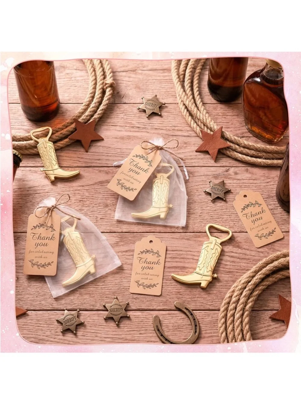 Party Cowboy Boot Bottle Openers with Thank You Tags - Gold